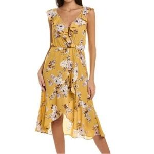 NWT Socialite Ruffle Strap Faux Wrap Midi Dress Size L High Low Hem Floral Print